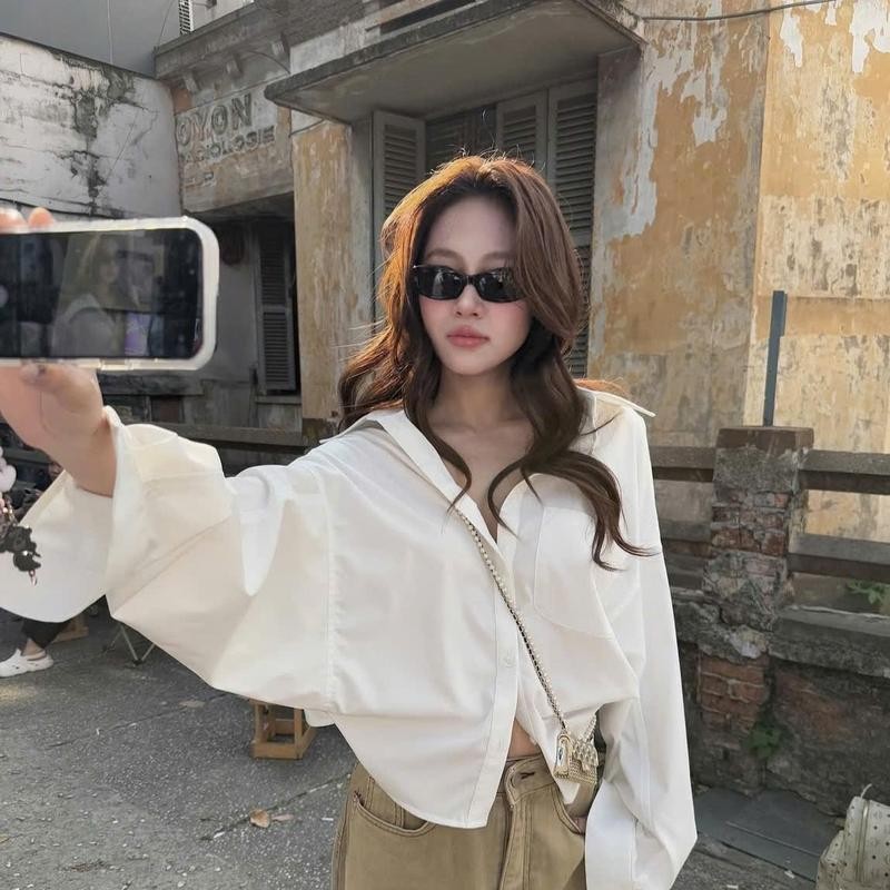 ohho เสื้อเชิ้ตแขนพองกว้าง เอวเข้ารูป เนื้อผ้านุ่ม เย็น เสื้อเชิ้ตเล่นโรงเรียน สไตล์เรโทร #w622