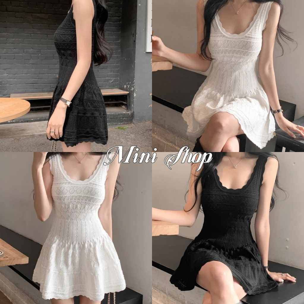 Mini shop🌸พร้อมส่ง🌸(W-N096)มินิเดรสไหมพรม แขนกุด ผ้านุ่มนิ่มใส่สบาย สีพื้นสไตล์มินิมอล เดรสแขนสั้น