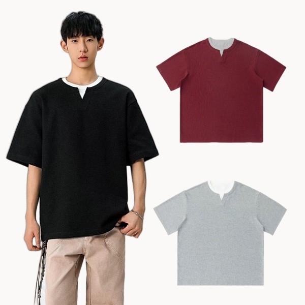 💥BecoolMan💥เสื้อยืดผู้ชาย  วาฟเฟิลด์  คลาสสิกแมทช์ลุคง่าย  เสื้อผ้าผู้ชายแฟชั่น  คอวี