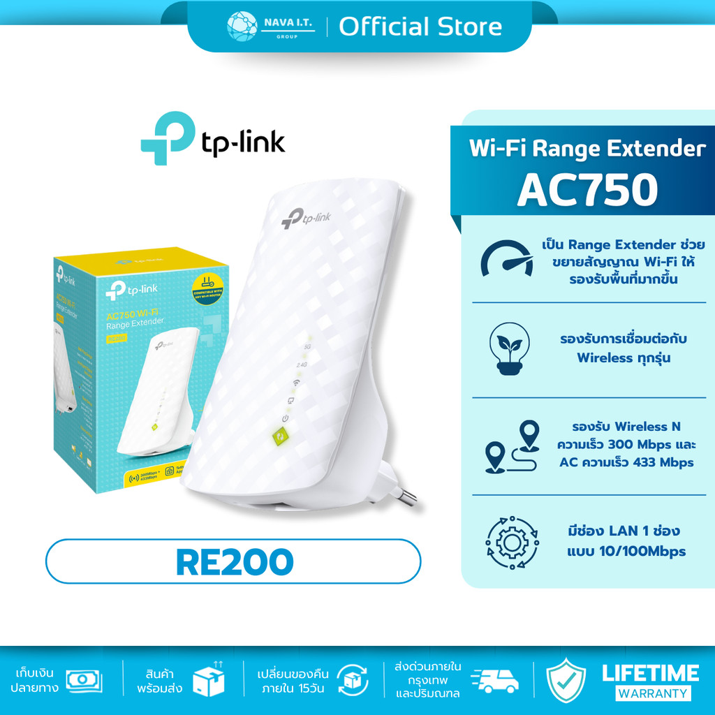 🛵มีส่งด่วน💨  TP-LINK RE200 ACCESS POINT (แอคเซสพอยต์) RANGE EXTENDER AC750 รับประกันตลอดอายุการใช้งา
