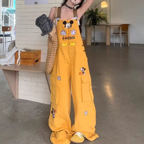 อเมริกันย้อนยุคปักยีนส์หลวมผู้หญิงฤดูร้อนสไตล์ใหม่ออกแบบมิกกี้หลวมขากว้างถูพื้น ชุดจั๊มสูท [จัดส่งด่วน]
