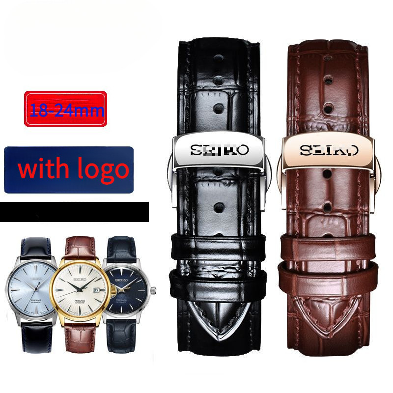 18-24 มม.นาฬิกาหนังวัวแท้สําหรับ Seiko No.5 สีดําสีน้ําตาลสีฟ้าหนังนาฬิกาสร้อยข้อมือเปลี่ยน