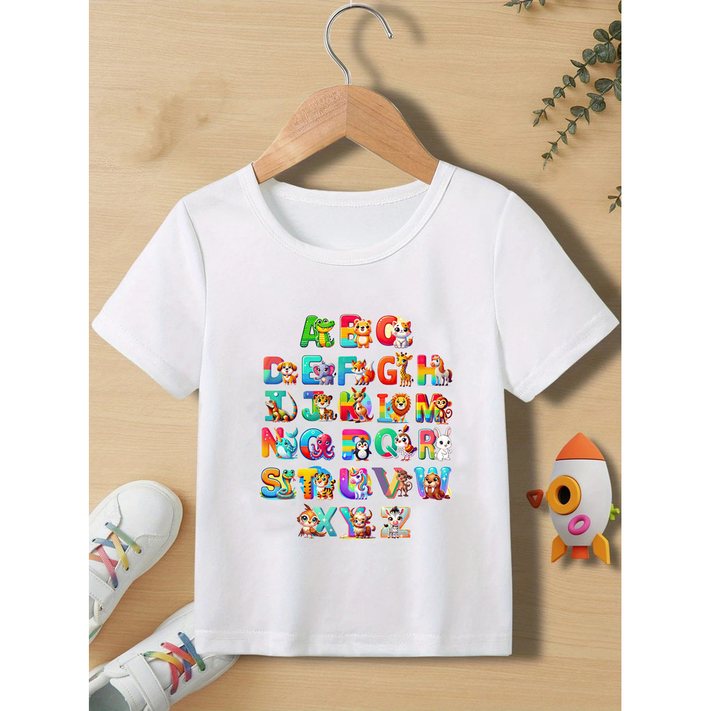 ตัวอักษรสัตว์เสื้อ-A To Z ZooตัวอักษรTeeสําหรับเด็กน่ารักตัวอักษรชายเสื้อยืด,ฤดูร้อนสบายๆเด็ก/หญิงสี