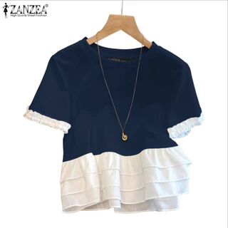 ZANZEA สไตล์เกาหลียอดนิยม เสื้อลูกเรือแขนสั้น ขอบกระพุ้งแขนและซ้ายContrast เสริมลุคเก๋ไก๋