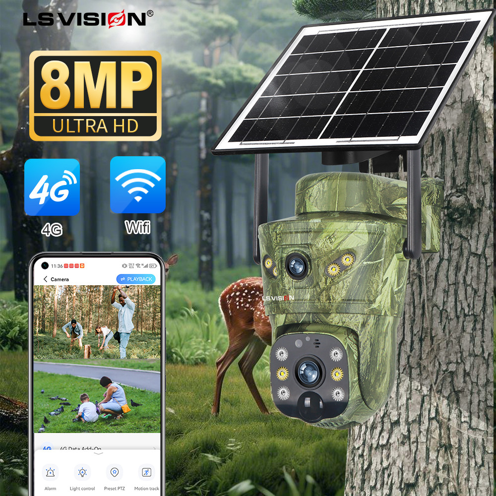 LS VISION V380 Pro ลายพราง​ กล้องวงจรปิดโซล่าเซลล์สมาร์ท   (2 เลนส์, 2 จอ) ระดับ 2K​ รองรับ PTZ, WIFI/4G ติดตามเป้าหมายด้วย AI กล้องซ่อนแอบพลังงานแสงอาทิตย์ 2025 รุ่นใหม่