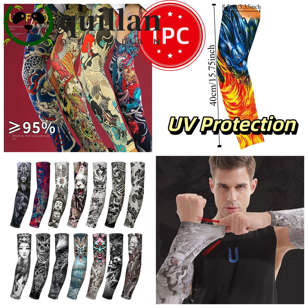 Quillan แขนดอกไม้ Tattoo Sleeve, แขนดอกไม้รูปแบบ Elastic Men ครีมกันแดด, แขนอุ่น Breathable แขนยาวครีมกันแดด Sun Protection Cover กลางแจ้ง
