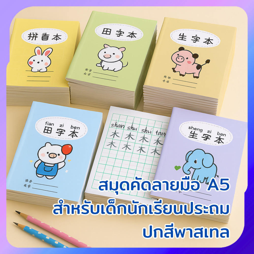 สมุดจีน สมุดพินอิน สมุดฝึกเขียนจีน สมุดคัดลายมือ สมุดการ์ตูน A5 สำหรับเด็กนักเรียนประถม ปกสีพาสเทล
