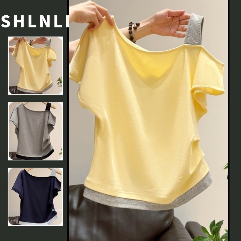 เสื้อเชิ๊ตอเมริกัน ปิดไหล่ แขนสั้น สไตล์ฤดูร้อน ใส่สบายและอเนกประสงค์