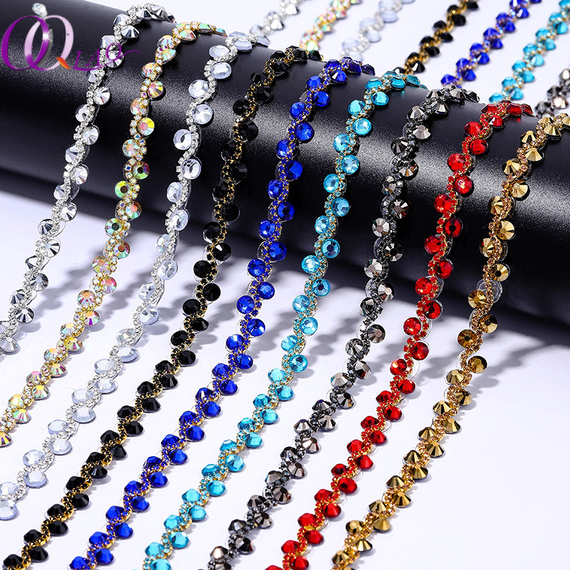 QIAO 10 มม. 1Yard Glitter คริสตัลใส Rhinestone ถ้วยโซ่