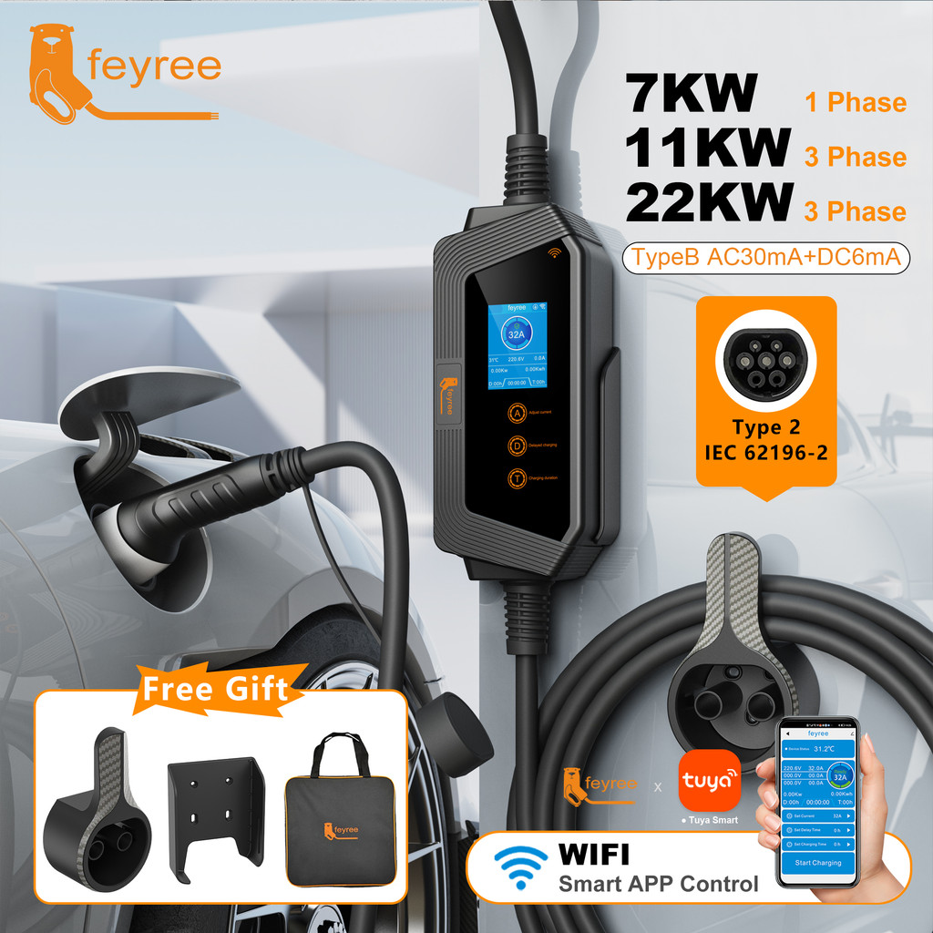 Feyree แบบพกพา EV Charger Type2 22KW 11KW 3P Fast Charging 32A 7KW 1P สมาร์ท APP Wi-Fi ควบคุมสําหรับ