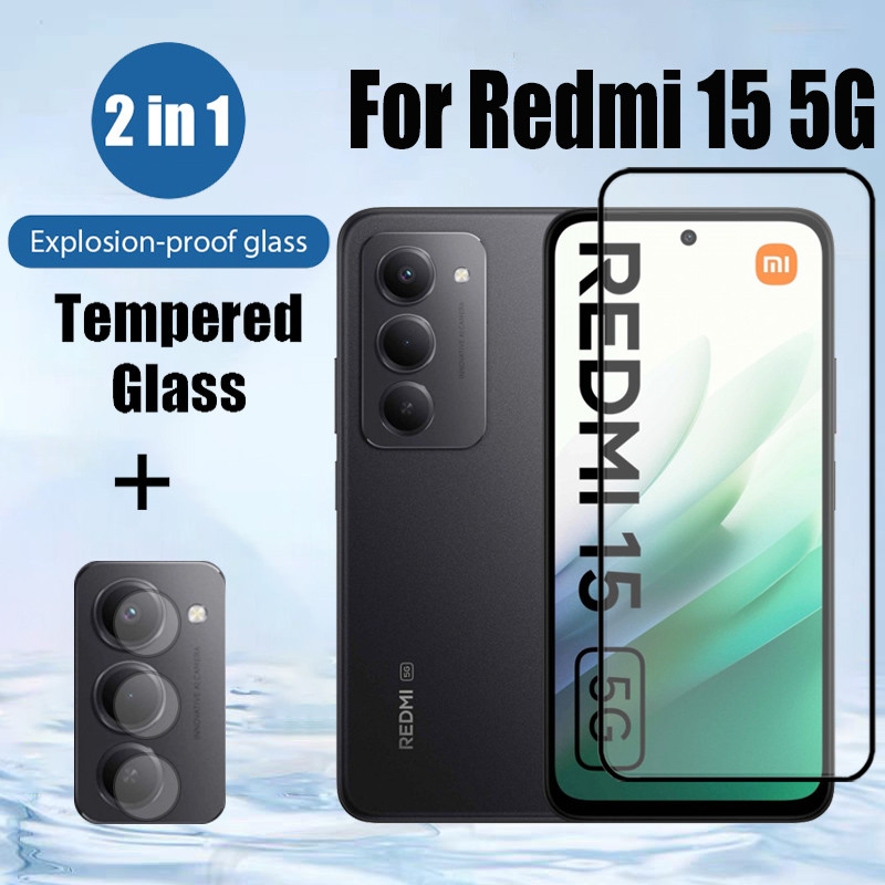 ฟิล์มกระจกนิรภัยกันกระแทกรองรับ Redmi 15 15C 14C 13C 12 A3 2 in 1 พร้อมฟิล์มกล้องกันรอยหน้าจอ