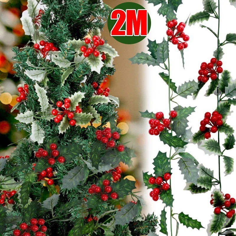 2M ประดิษฐ์ Holly BerrIies - สีแดงเบอร์รี่สีเขียวใบ Vine - ต้นคริสต์มาสแขวนเครื่องประดับหวาย - พวงมาลัยคริสต์มาส Decor