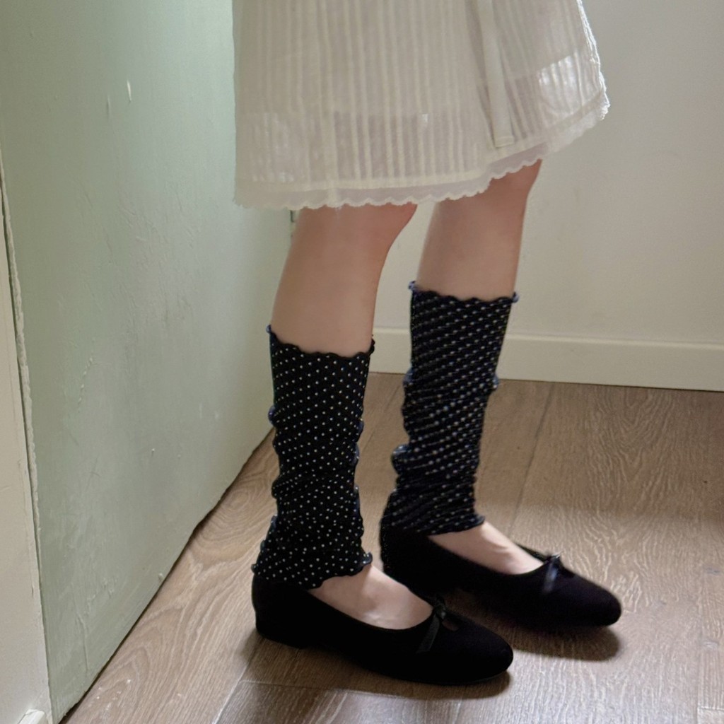 Ins Mori ถุงเท้าลูกวัวToeless สไตล์ Lolita ลายจุดโพลกา สำหรับผู้หญิง