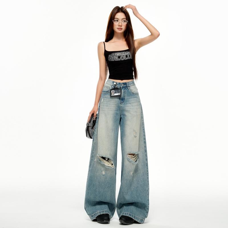 S-6XL กางเกงยีนส์แฟชั่นสีน้ำเงินขาดๆ ทรงหลวมเอวสูงขากว้างทรงตรงสำหรับผู้หญิง - รูปที่ 2
