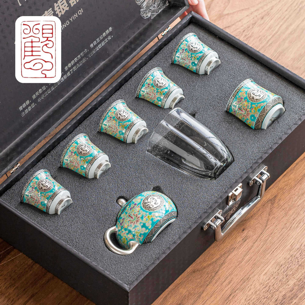 [Guanyun] 999 Gilt Silver Twisted สาขาเคลือบสีสัน Kung Fu ชุดชา Amber สีเขียวกาน้ําชา Teacup ของขวัญ