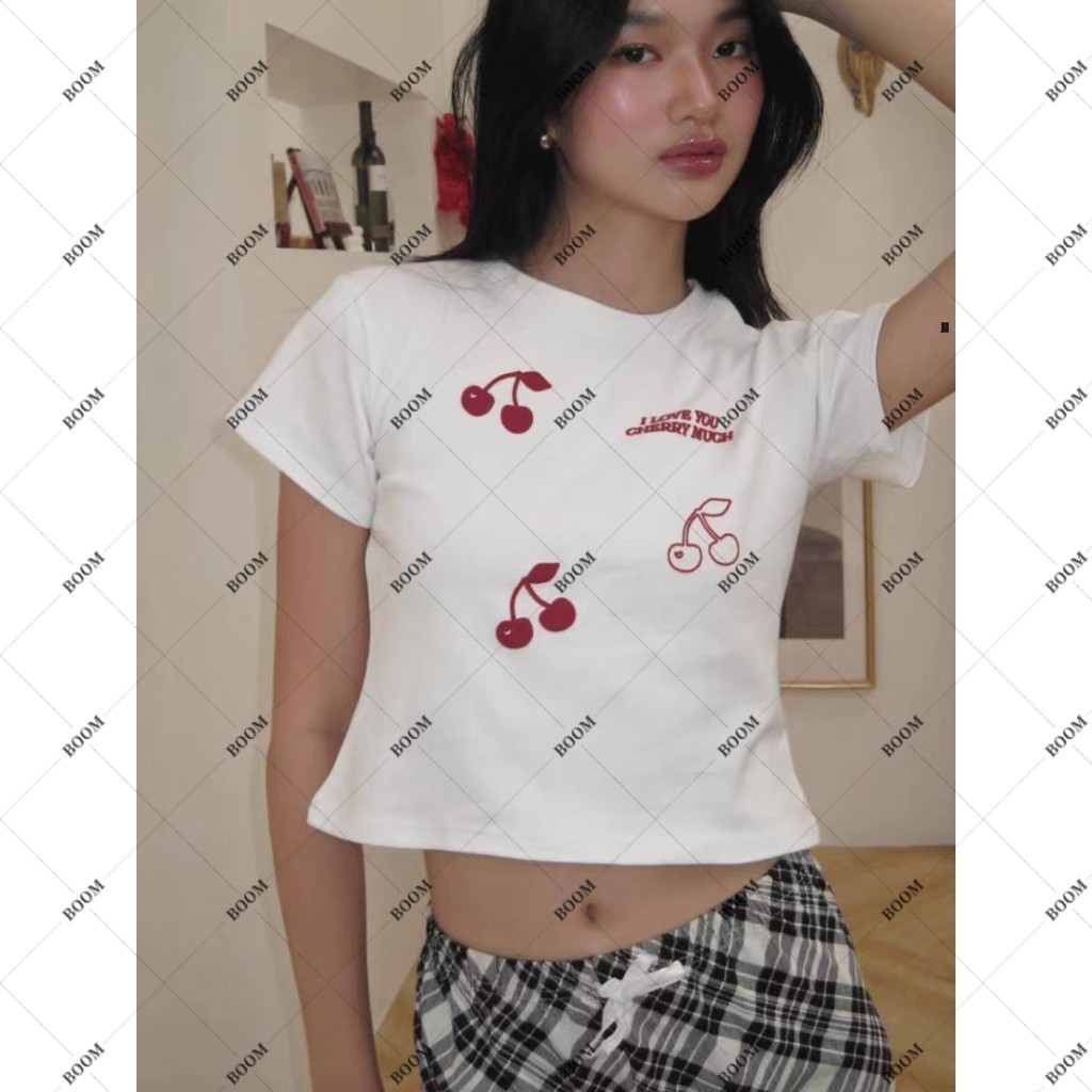COD✅ (กรุงเทพจัดส่งสินค้า)BOOM Shop เสื้อครอป แขนสั้น baby tee เค้ก พิมพ์ลายตัวอักษร สําหรับผู้หญิง - รูปที่ 7