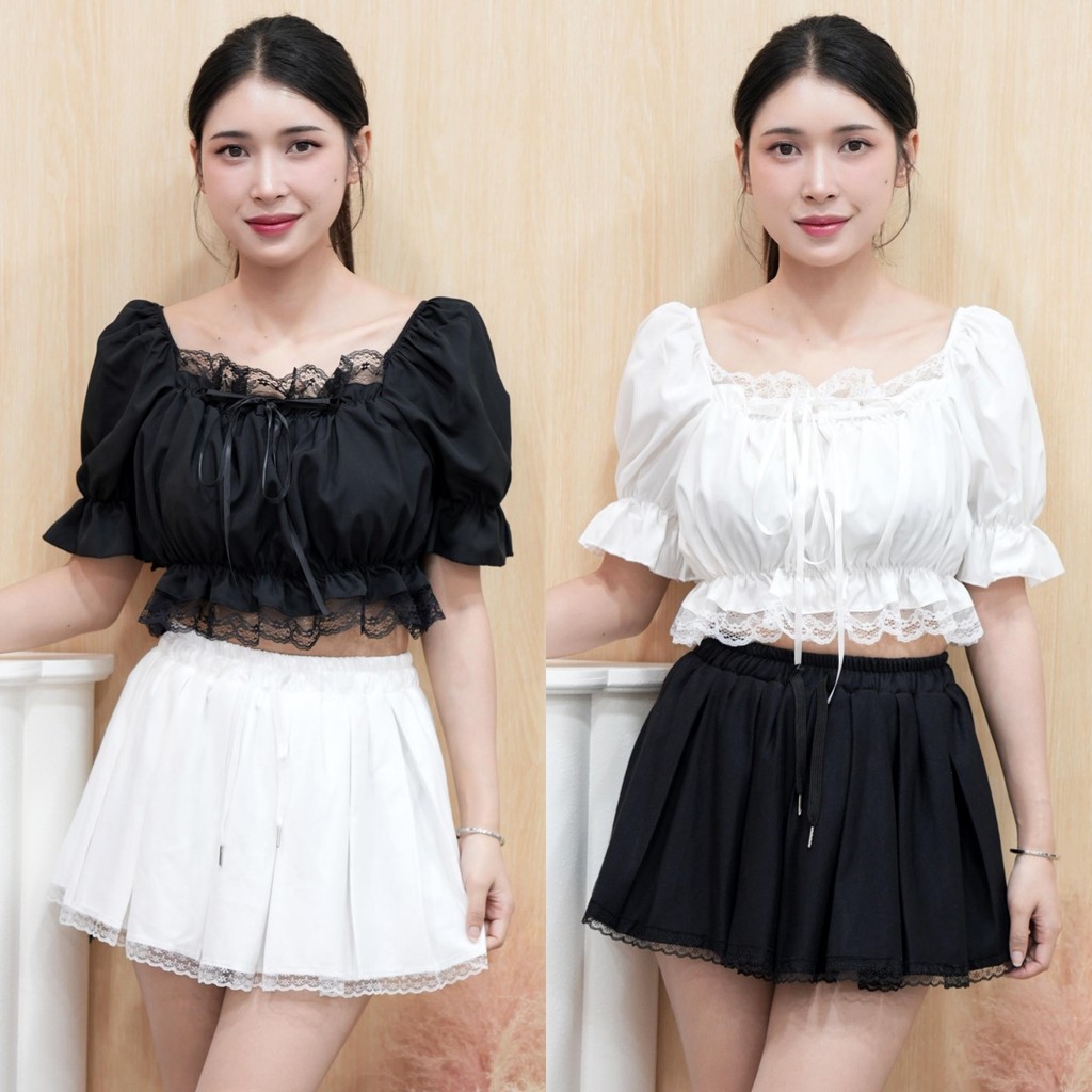 เสื้อครอปแขนตุ๊กตาสม็อคอก งานผ้าชีฟองใส่สบาย ดีเทลมีเชือกผูกโบว์ด้านหน้า น่ารักมาก โซคิ้วสุดๆ สม็อคเอว