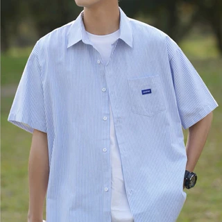 💥BecoolMan💥เสื้อเชิ้ตลายทางสำหรับผู้ชาย สีต่อ เรียบง่าย มีสไตล์ แบบหลวม ใส่ได้ทั้งชายและหญิง