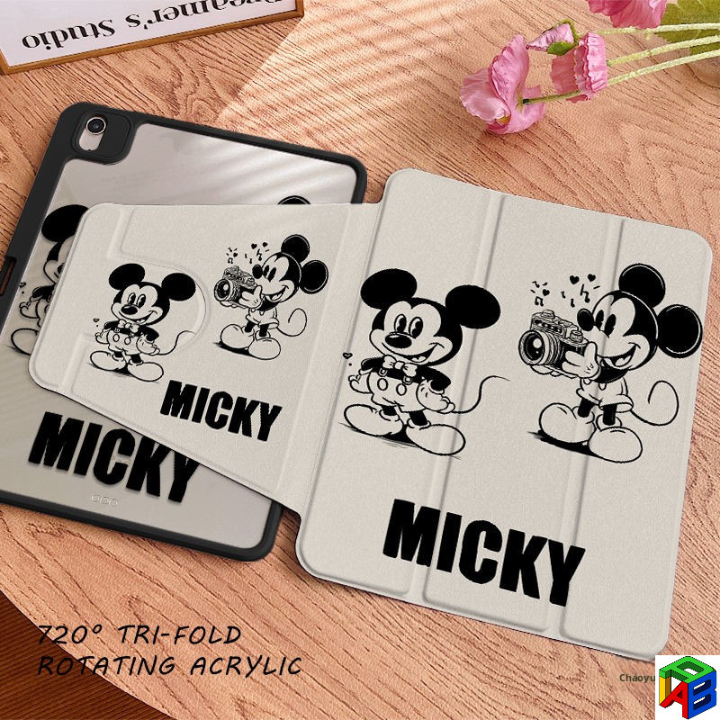 720° เคส iPad หมุนได้ Gen11 A16/ air7/6/5 M3 mini6/7 อะคริลิค pro2024 M4 10 รุ่น 2022 gen7/8/9 ฝาครอบ iPad ป้องกันการตกพร้อมช่องเสียบปากกา มิกกี้เมาส์น่ารัก