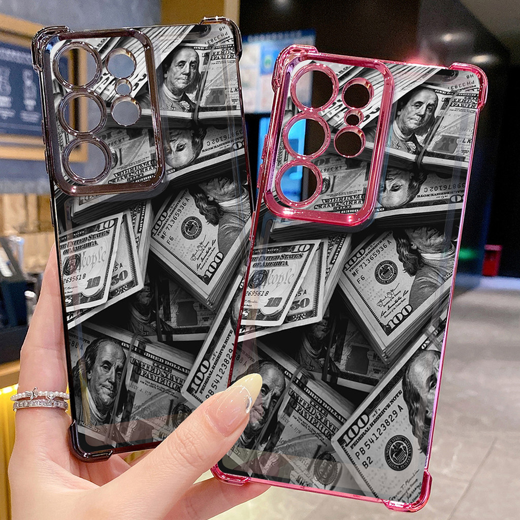 สําหรับ Samsung Galaxy S25 S24 S23 Ultra S22 Plus S21 FE S20 เงิน Dollar Clear Plating Case Anti Dro