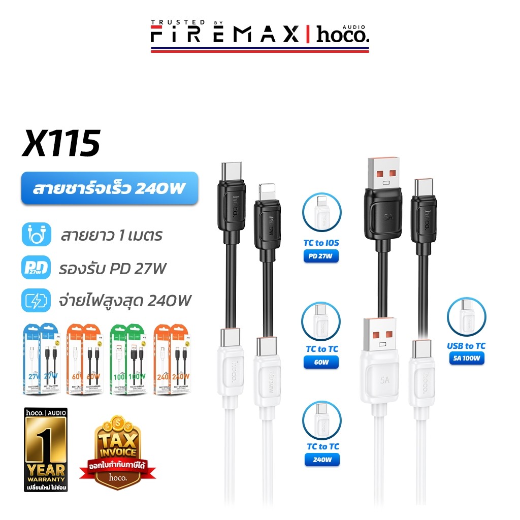 HOCO X115 สายชาร์จเร็ว ถ่ายโอนข้อมูลได้ TC-TC 240W / Type-C 100W / TC-TC 60W / PD 27W แข็งแรง hc1