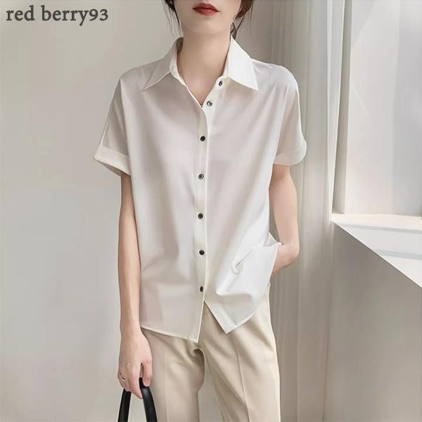 Red Berry เสื้อเชิ้ตผ้าซาตินแขนสั้นฤดูร้อนสำหรับผู้หญิง เสื้อเชิ้ตสัมภาษณ์งานแบบบาง W413