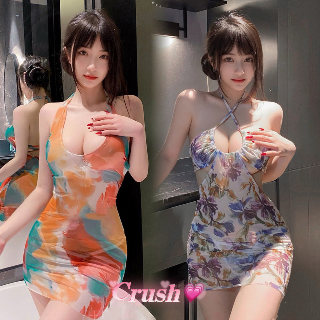 Crush💘  ชุดมินิเดรสคล้องคอ รัดรูปลายดอก ผ้าโปร่งสีสันสดใส มี2แบบ ใส่ไปทะเล 🛒พร้อมส่งจากไทย (SY-6306)