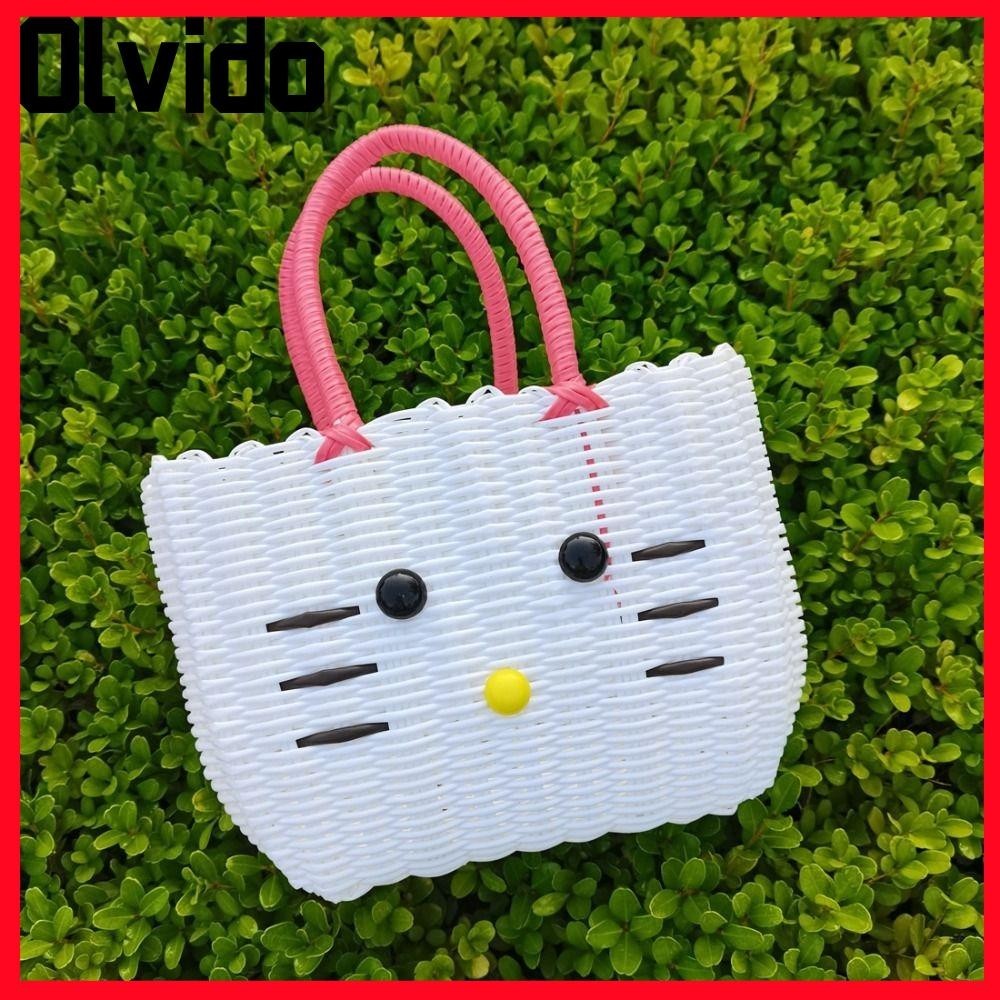 กระเป๋าผ้าทอ OLVIDO,ตะกร้าเก็บพลาสติกความจุขนาดใหญ่ลายการ์ตูน,Hello Kitty น่ารักกระเป๋าชายหาดผู้หญิง