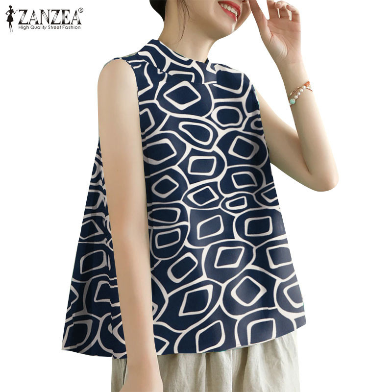 ZANZEA ใส่ ซานเซีย ผู้หญิงเกาหลีลําลองแขนกุดหลวมแฟชั่นพิมพ์ปุ่มถัง