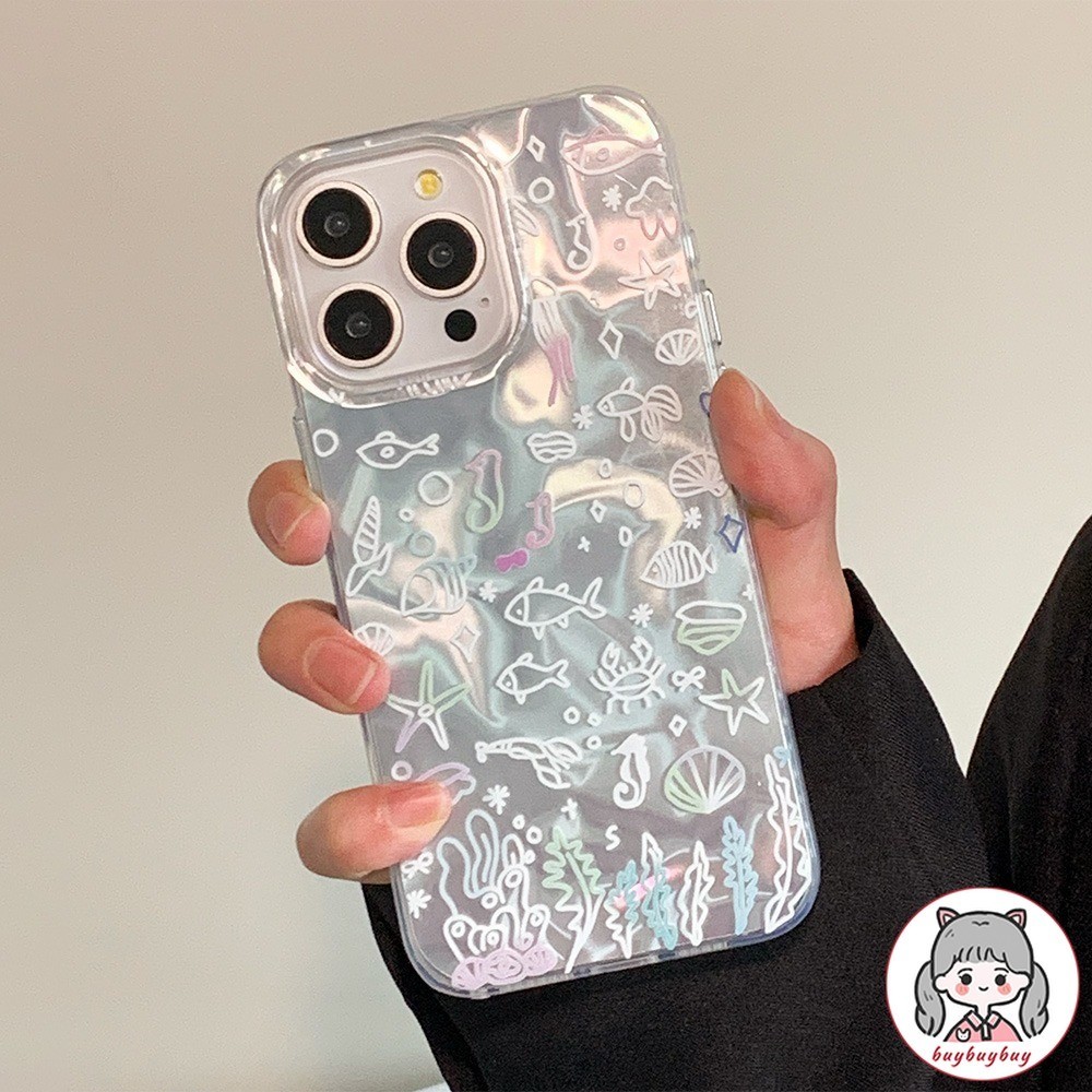 หรูหราโลกใต้น้ํา Graffiti เลเซอร์เคสโทรศัพท์สําหรับ IPhone 16 15 14 13 12 11 Pro Max X XR 8 7 Plus Dirt ทนกันกระแทก Soft TPU ฝาหลัง