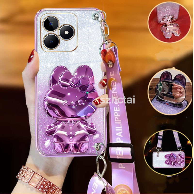 เคส Realme C53 Realme C51 Realme Note 50 ที่อยู่อาศัยยาวสายรัดข้อมือสไตล์กับกระต่ายยืนกระจกแต่งหน้าห