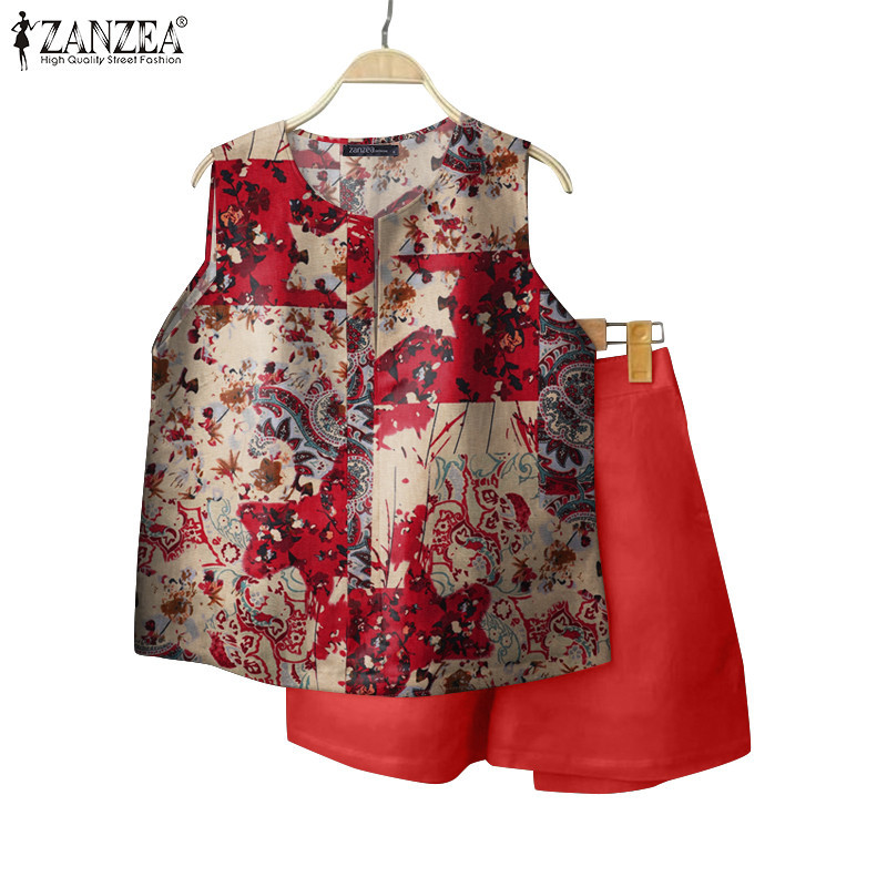 ZANZEA ซานเซีย ผู้หญิงเกาหลีลําลองคอวีแขนกุดพิมพ์สีทึบไม่มีกระเป๋าเสื้อหลวมและกางเกงขาสั้น