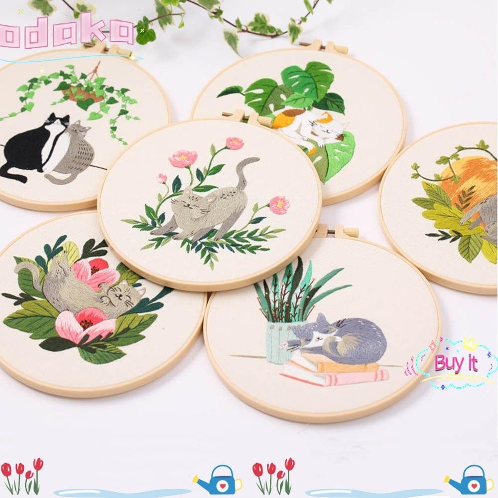 ODAKA ชุดเย็บปักถักร้อย DIY, รูปแบบแมวเย็บปักถักร้อย Hoop Cross Kit, เครื่องมือเข็ม Punch DIY หัตถกรรมศิลปะเย็บปักถักร้อยชุดฝึกสําหรับผู้เริ่มต้น