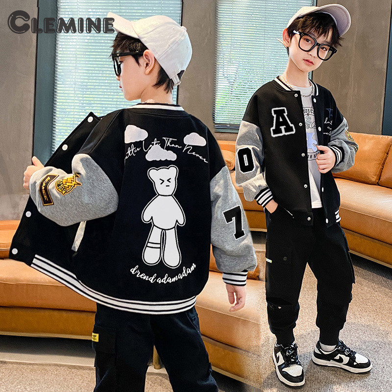 Clemineเคลมีน เด็กเบสบอลเจอร์ซีย์กํามะหยี่ขนาดกลางและเด็กโตสไตล์ต่างประเทศเด็กและชายเสื้อฤดูใบไม้ร่วง