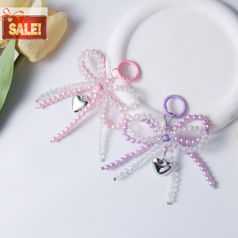 Bl 1PC Handmade Pearl คริสตัลคู่โบว์รูปจี้พวงกุญแจเครื่องประดับที่ละเอียดอ่อนลูกปัดพวงกุญแจ DIY ตกแต่งสําหรับกระเป๋าโทรศัพท์ A