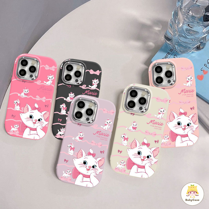 คาร์โตนน่ารักแมรี่แคทเลนส์โลหะชุบริบบิ้นโบว์สวย เคส Iphone 16 13 11 12 15 14 Pro Max 8 7 14 15 Plus XR X XS Max SE