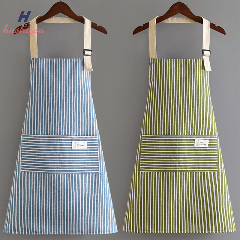 <haohiyou> ผ้ากันเปื้อนแขนกุด Breathable แขวนคอผ้ากันเปื้อนร้านอาหารพิเศษผ้าฝ้ายผ้าลินินทําความสะอาดบ้านผ้ากันเปื้อนครัวลายแนวตั้ง Nice