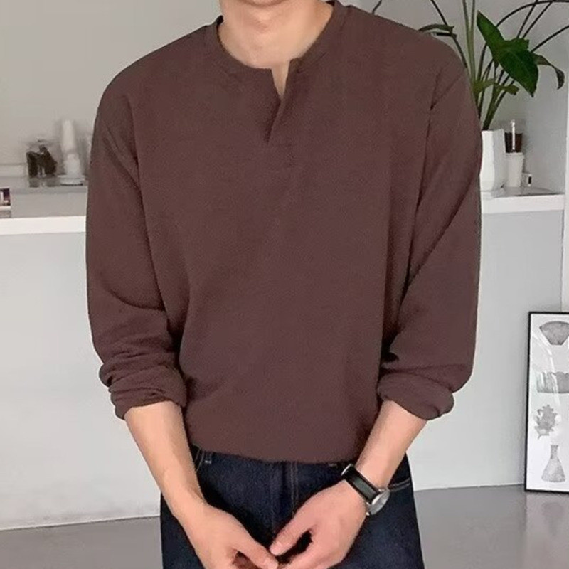 เสื้อยืดแขนยาวผู้ชายเกาหลีเรียบง่ายธรรมดาหลวม