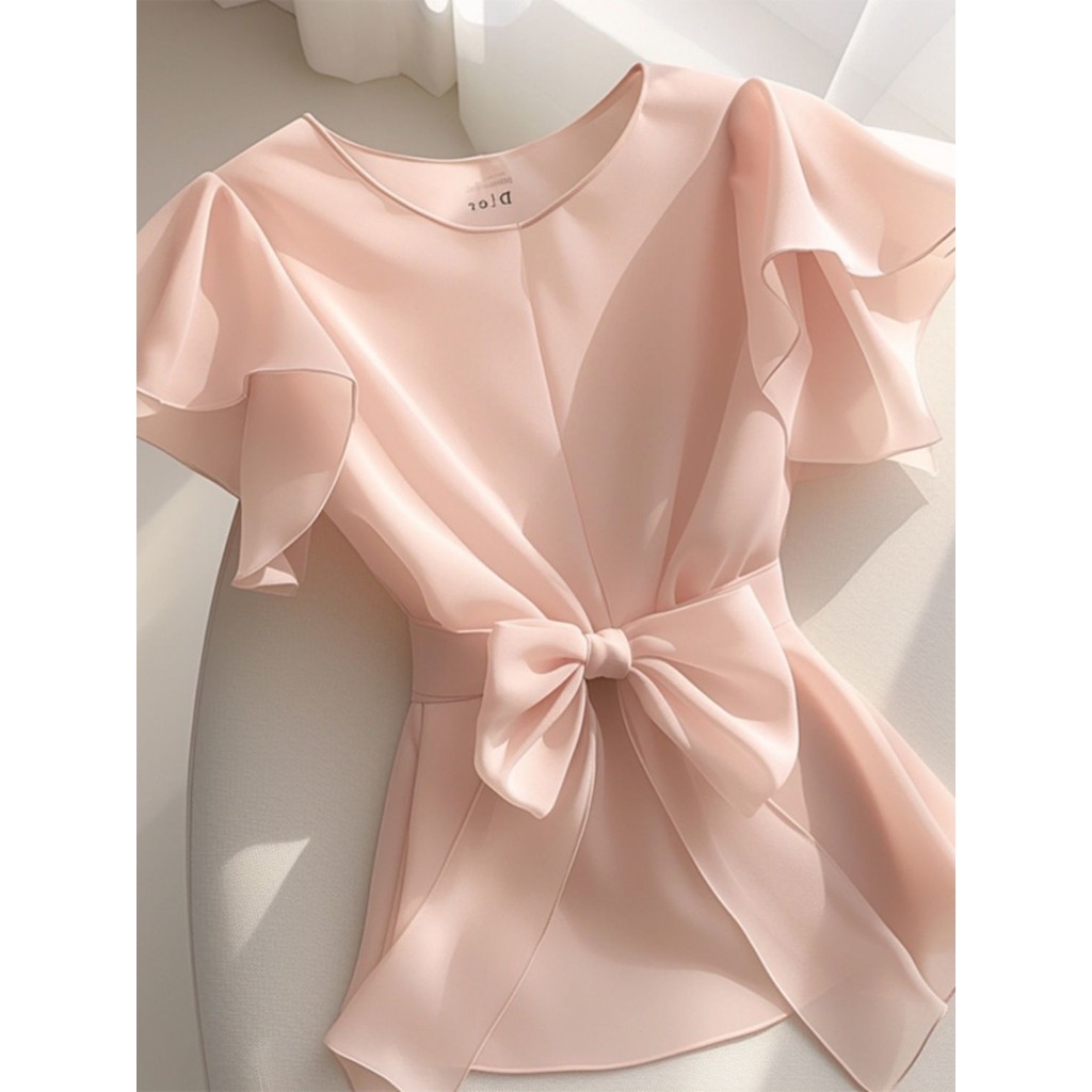 French Dopamine Super Fairy Young Age-Reduction Pink Fashion Chiffon Shirt Summer New Style ins Small Flying Sleeve เอวแคบ