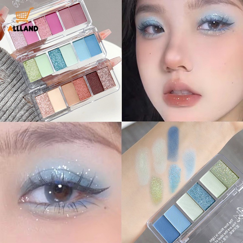 6 สี Smoke Blue Green Glitter Eyeshadow Palette - Matte Shimmer Low Saturation Eye Shadow - Lasting Eye Pigments แต่งหน้า