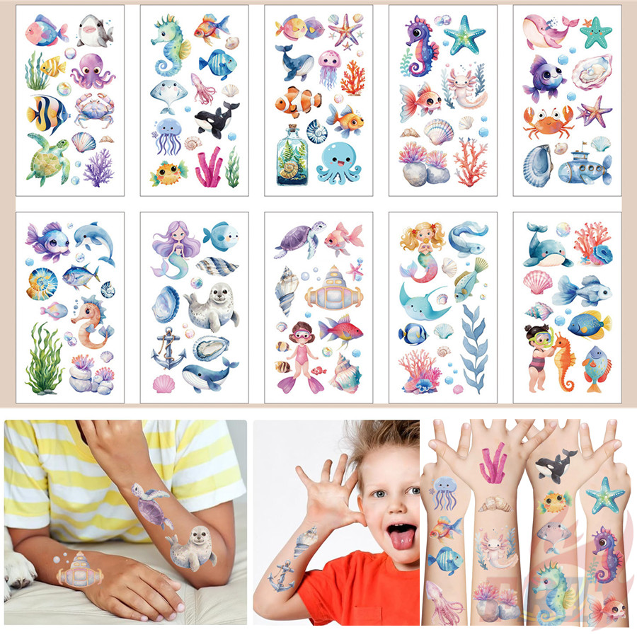 ❀ Marine Animals Series 01 สติ๊กเกอร์รอยสักชั่วคราว ❀ 10แผ่น/ชุดรอยสักกันน้ําสําหรับเซ็กซี่แขนกระดูกไหปลาร้าร่างกายศิลปะมือเท้า