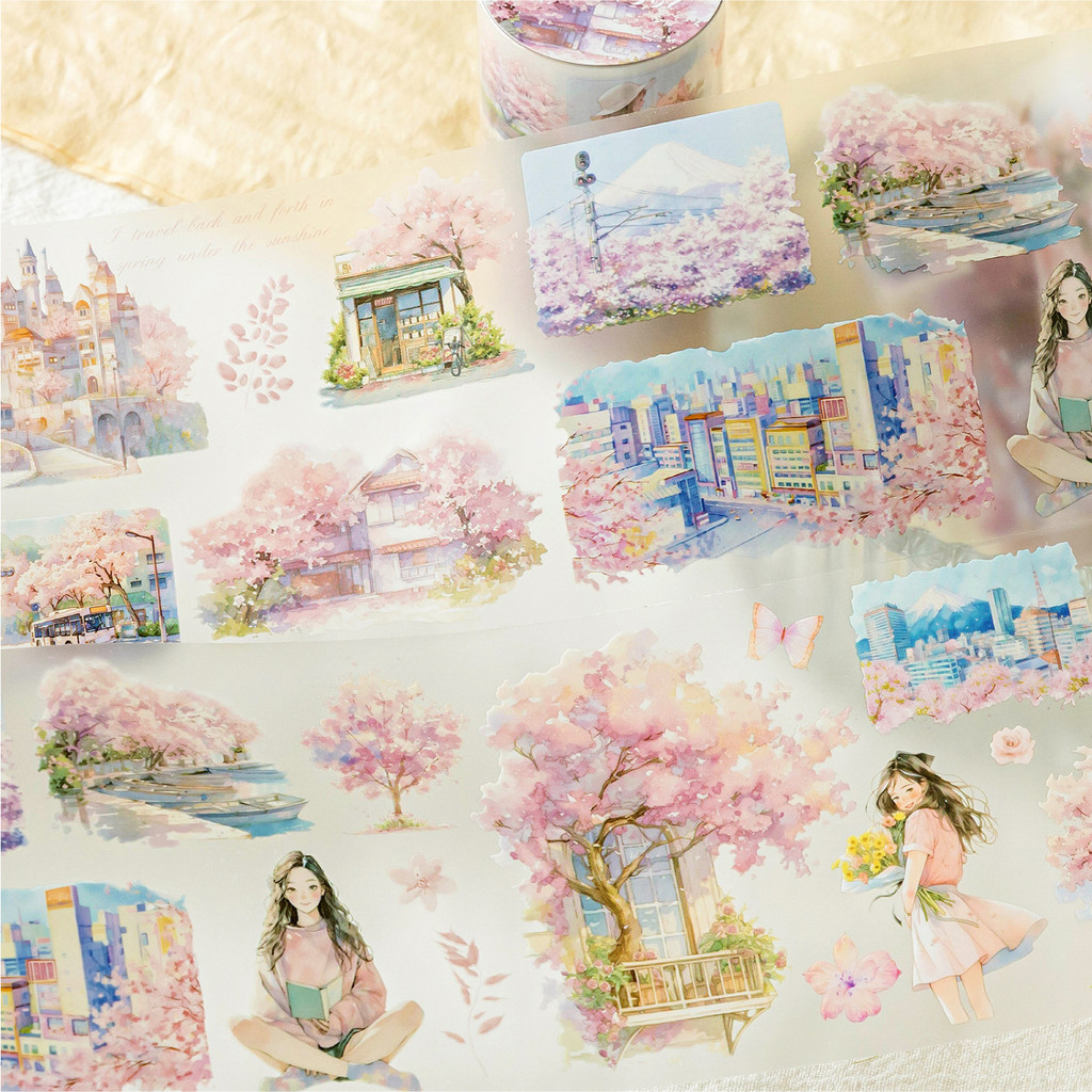 Cherry Blossom Aesthetic Washi ชุดเทป PET Washi เทปตกแต่งเทปกาวสําหรับ Journaling Scrapbooking อุปกรณ์วารสารวางแผนศิลปะหัตถกรรมใช้ As สติกเกอร์