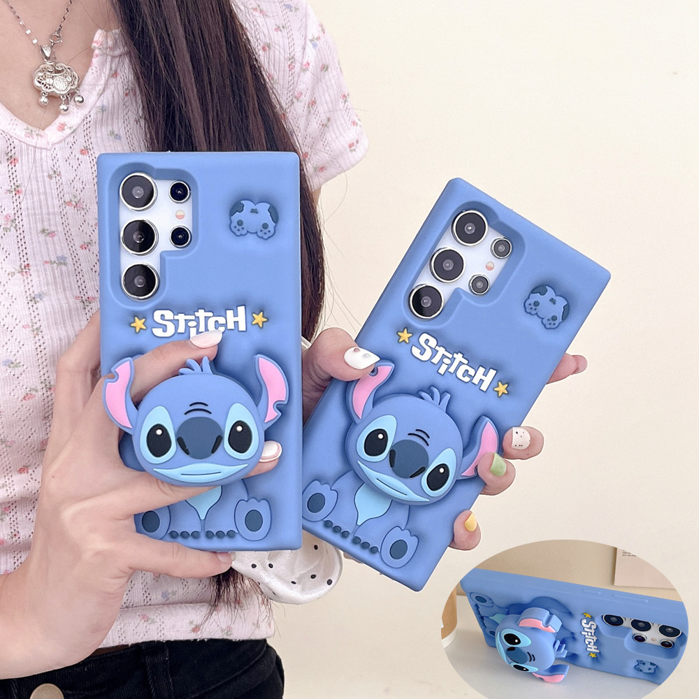 หญิงน่ารักขาตั้งผู้ถือออกแบบ 3D Stitch ซิลิโคนนุ่มสําหรับ Samsung S24 S22 S21 Ultra S23 Plus S23fe S21fe S20fe A25 A15 A54 A24 A53 5G A13 A04s A51 A32 4G