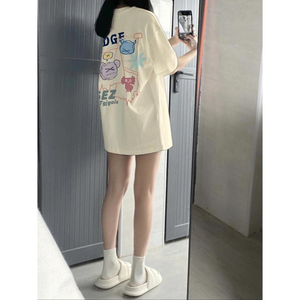 เกาหลี เสื้อแบบดารา เสื้อยืดแขนสั้น CMDXY1034 ผู้ชาย ผู้หญิง ลายทาง ตัวอักษร หลวม ลายสกรีน ฤดูร้อน ฤดูใบไม้ผลิ