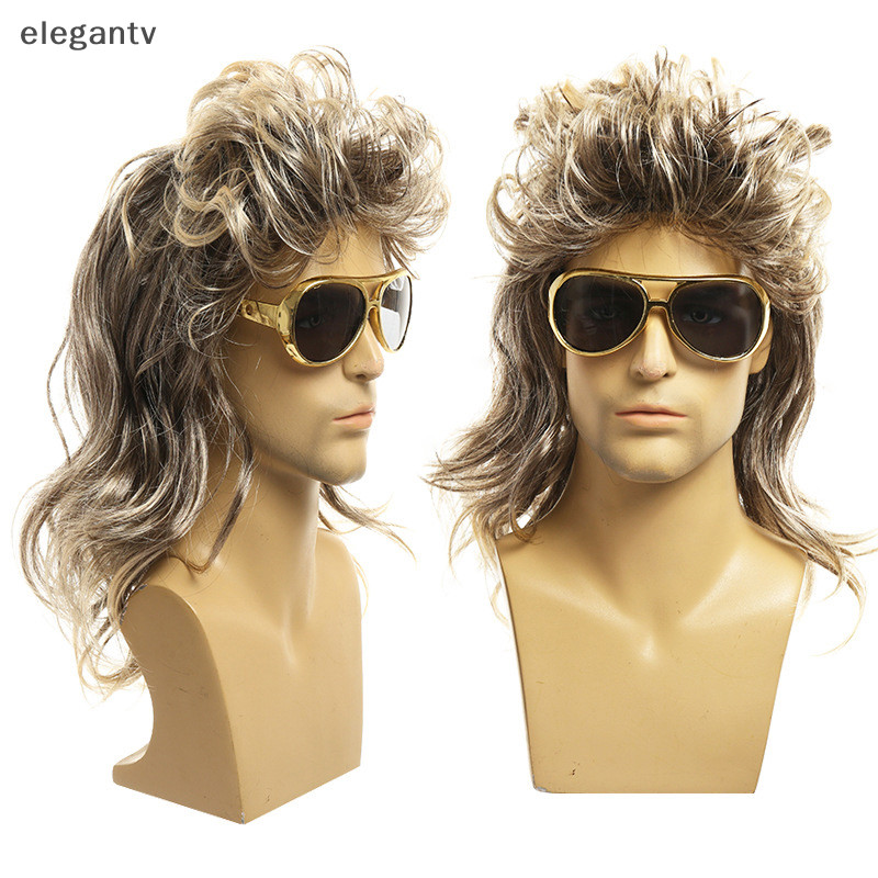 Egn Mullet วิกผมสําหรับผู้ชาย 70s 80s เครื่องแต่งกาย Mens ยาว Curly แฟนซีอุปกรณ์เสริมคอสเพลย์วิกผม D