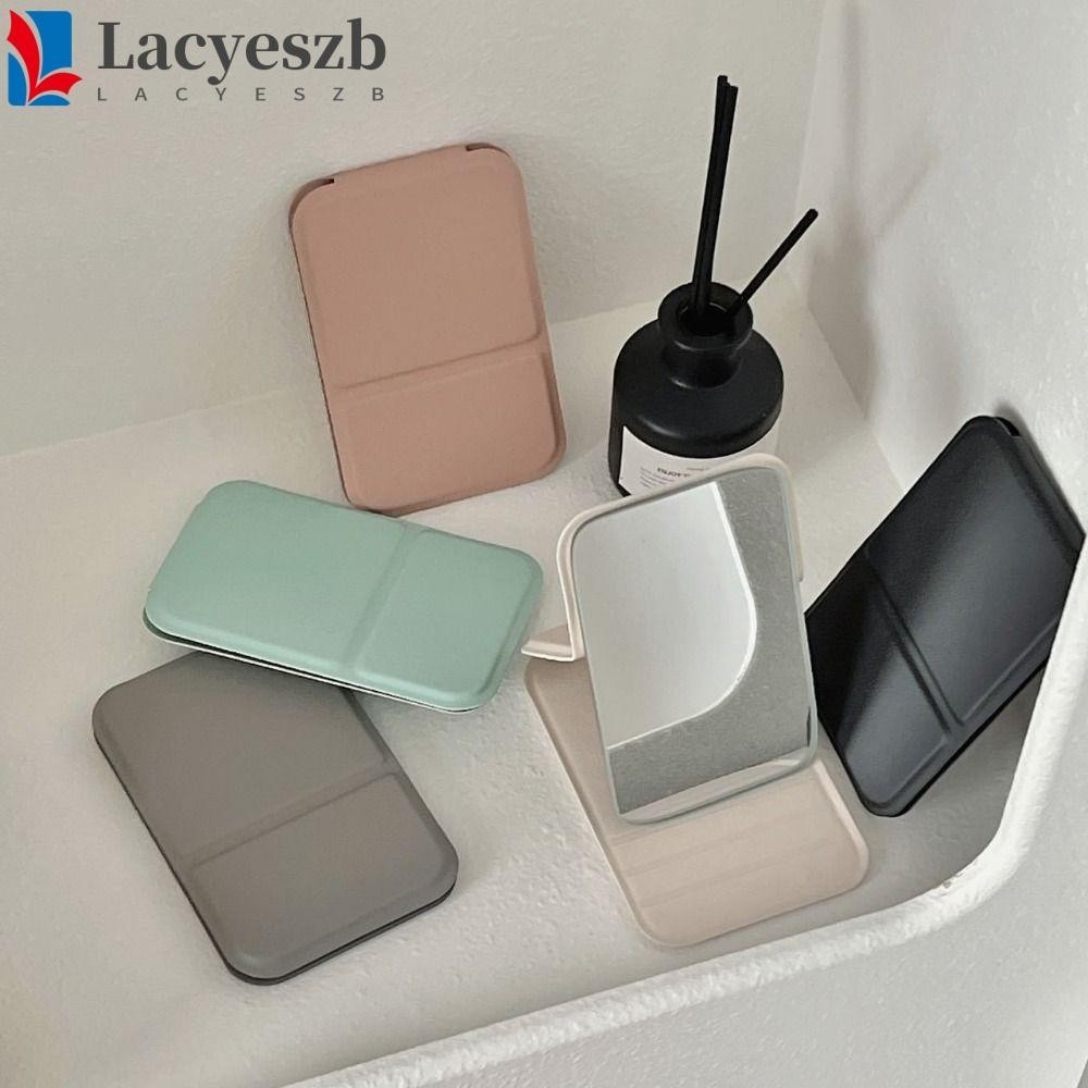 Lacyeszb INS กระจกขาตั้งตั้งโต๊ะ, Pu หนังสีทึบพับกระจกแต่งหน้า, กระจกเครื่องสําอางขนาดเล็กกะทัดรัดน้ําหนักเบากระจกโต๊ะเครื่องแป้งพับหอพัก