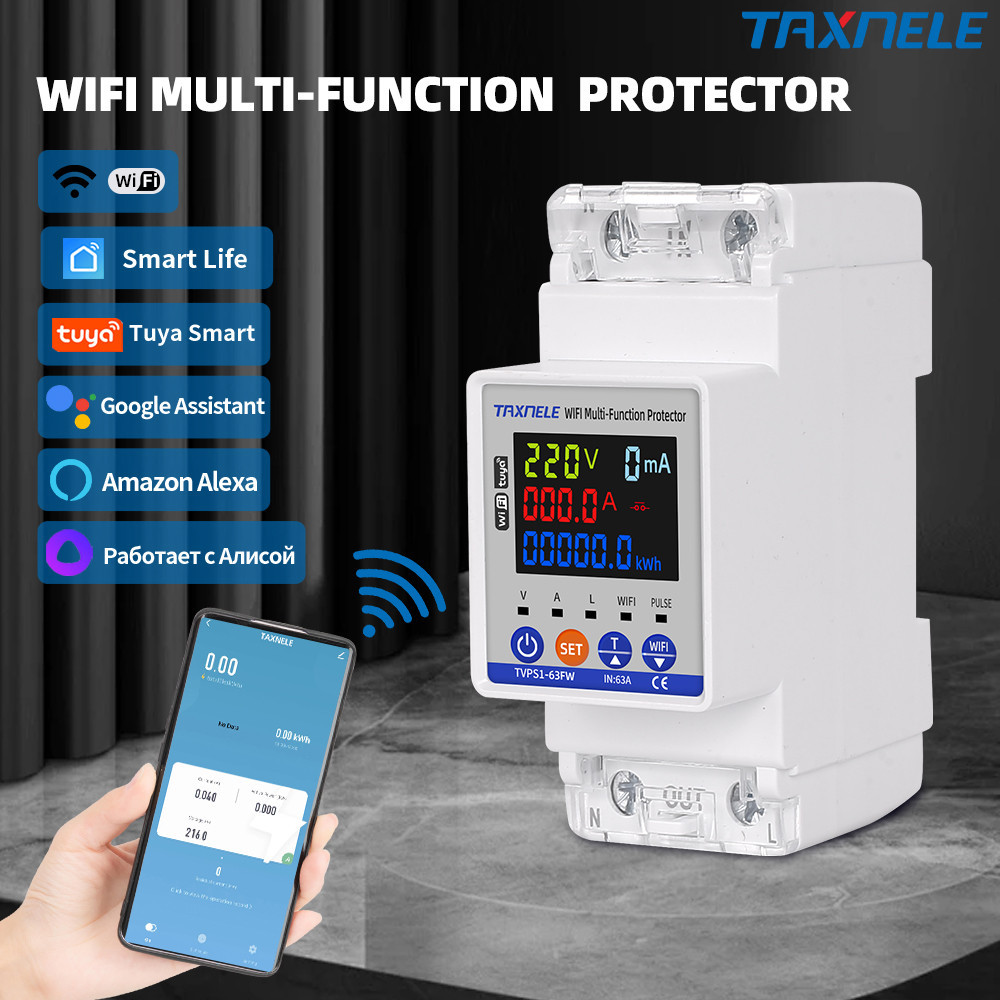 Taxnele TUYA WIFI 63A เหนือเข่าป้องกันแรงดันไฟฟ้า Earth Leakage Protector สวิทช์พลังงาน kWh เมตร