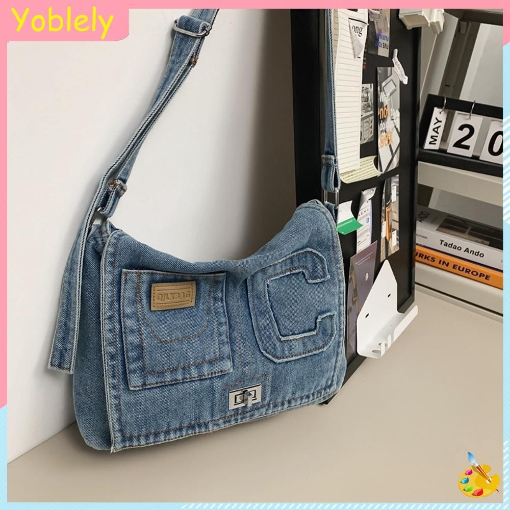 [Yoblely.th] กระเป๋าสะพายไหล่กางเกงยีนส์ผู้หญิงความจุขนาดใหญ่ Denim Retro Tote กระเป๋าถือกระเป๋าทุกวัน