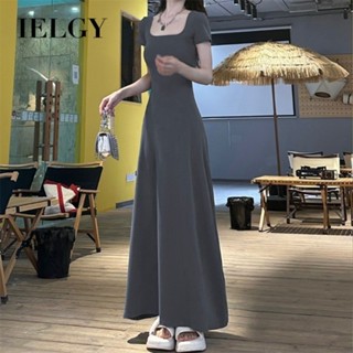 IELGY ชุดเดรสแขนสั้นสีเทาสไตล์อ่อนโยนสําหรับผู้หญิงเก็บเอวแล…