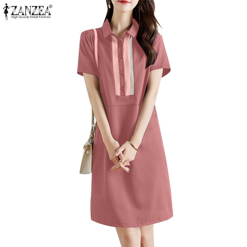 Zanzea ชุดเดรสแขนสั้นแขนสั้นคอปกเปิดลงเกาหลีสําหรับผู้หญิง